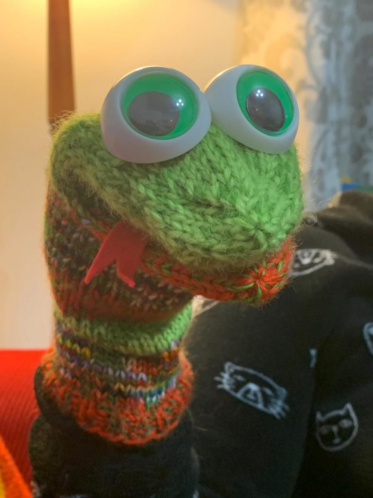 A hand puppet snake, mostly knitted with green wool but with some variegated orange and red stripes. A red forked tongue pokes out of the side of its mouth. It has big plastic green eyes.